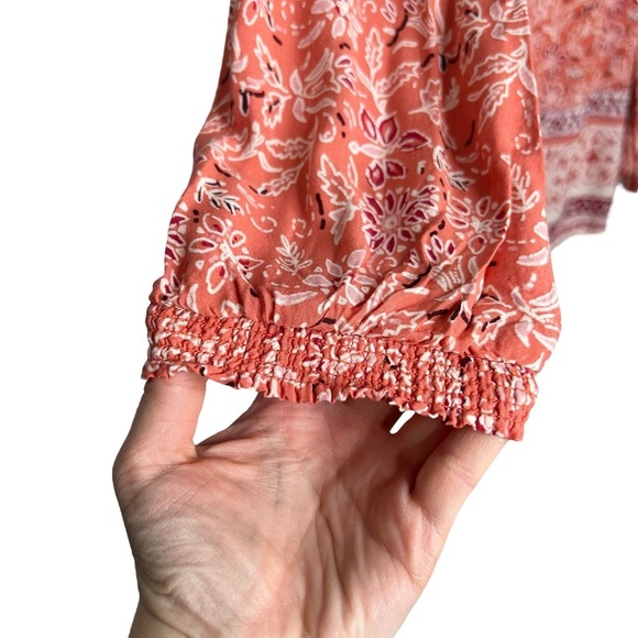 BeachLunchLounge Louisa Peach Boho Floral Tassel Tie Neck Blouse - Picture 3 of 12